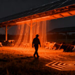 Innovación en agrivoltaica: granja moderna con paneles solares y ganado, representando la sostenibilidad en el sector AgTech.