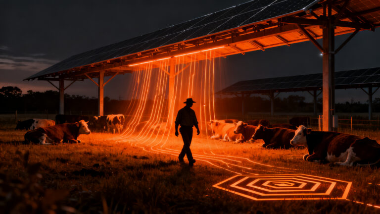 Innovación en agrivoltaica: granja moderna con paneles solares y ganado, representando la sostenibilidad en el sector AgTech.