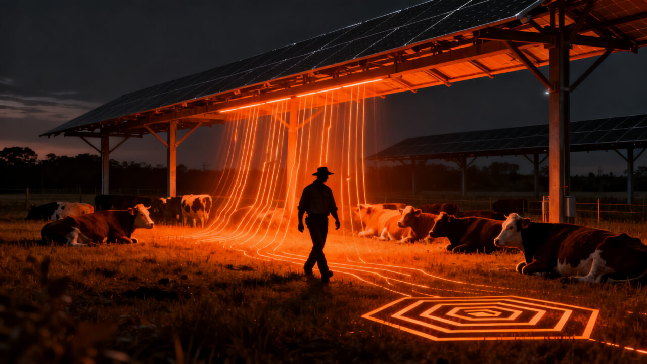 Innovación en agrivoltaica: granja moderna con paneles solares y ganado, representando la sostenibilidad en el sector AgTech.
