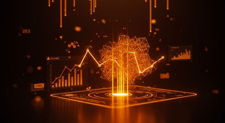 Gráfico digital descendente con elementos de inteligencia artificial, representando la caída del CTR orgánico por AI Overviews de Google para startups.