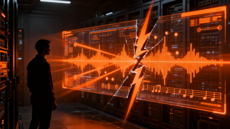 Visualización conceptual de AI Watchdog de The Atlantic analizando datasets de IA musical bajo escrutinio legal.