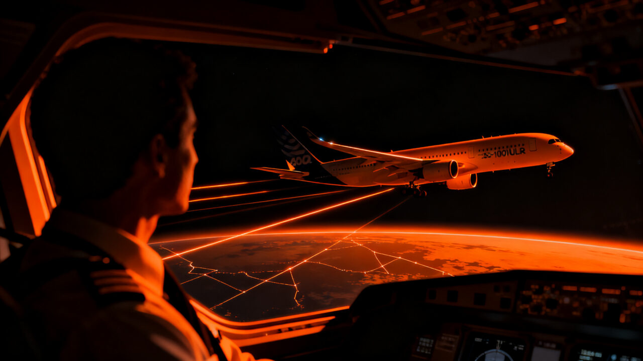 El Airbus A350-1000ULR de Project Sunrise de Qantas sobrevolando el horizonte, simbolizando la aviación de ultra largo alcance.