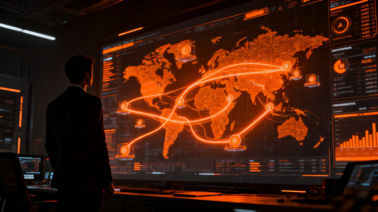 Empresario analizando flujos financieros globales con inteligencia artificial, representando el concepto de agentic finance y el levantamiento de capital de Airwallex.