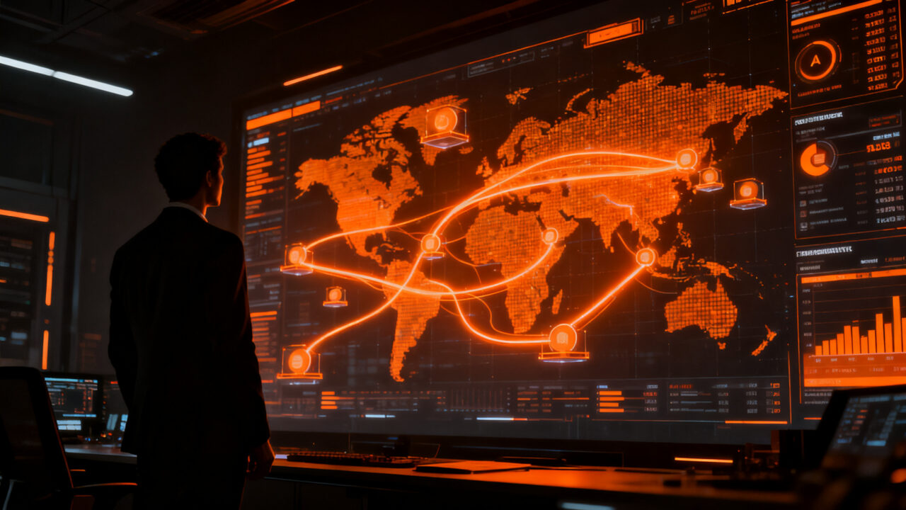 Empresario analizando flujos financieros globales con inteligencia artificial, representando el concepto de agentic finance y el levantamiento de capital de Airwallex.