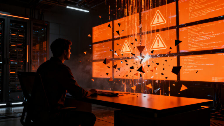Seguridad en modelos de IA: un desarrollador frente a un sistema bloqueado representando el riesgo de dependencia tecnológica en startups.