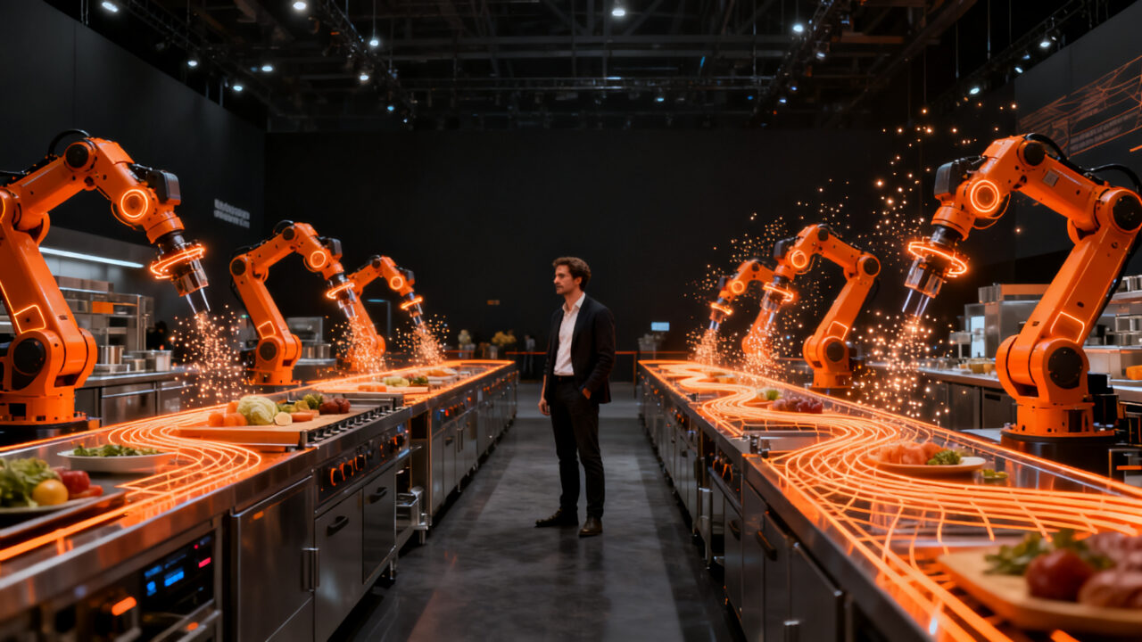 Representación de automatización y robótica en la industria alimentaria en el evento Alimentaria FoodTech 2026.