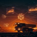 Optimización de transporte en minería mediante software SaaS chileno AllRide, representando eficiencia logística y digitalización industrial.