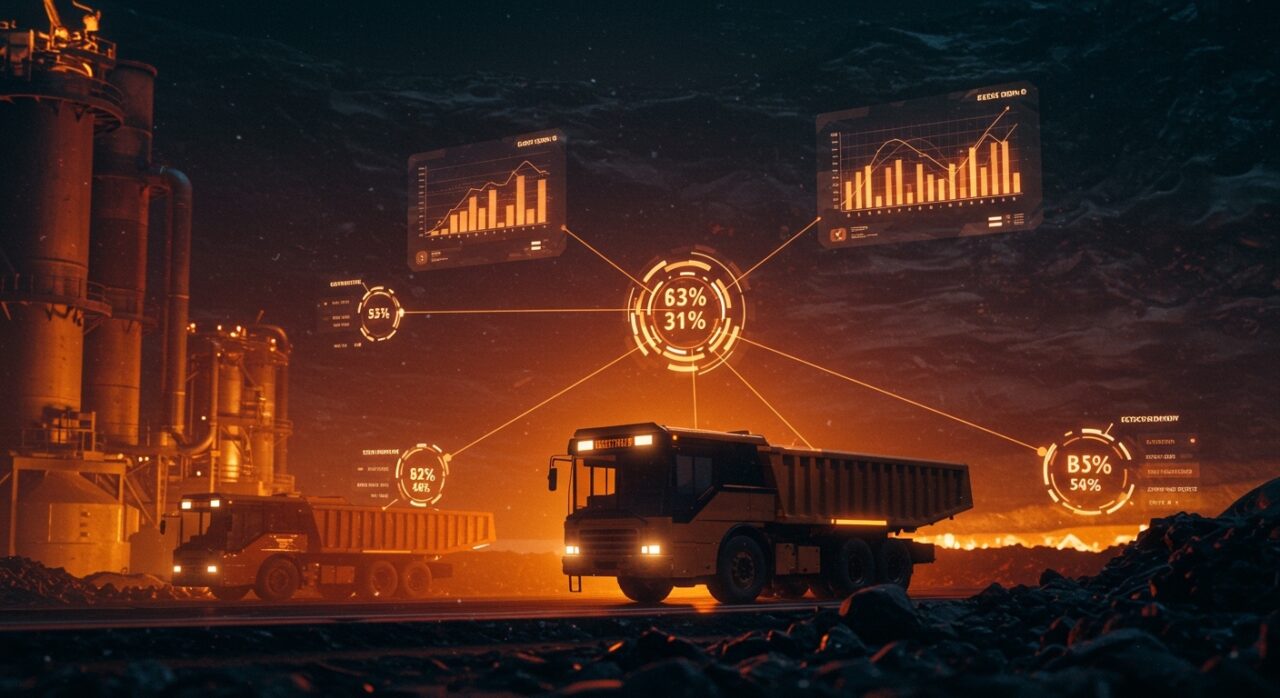 Optimización de transporte en minería mediante software SaaS chileno AllRide, representando eficiencia logística y digitalización industrial.