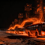 Flota de buses mineros optimizados con tecnología SaaS de AllRide, mostrando eficiencia en transporte y crecimiento B2B en la minería chilena.