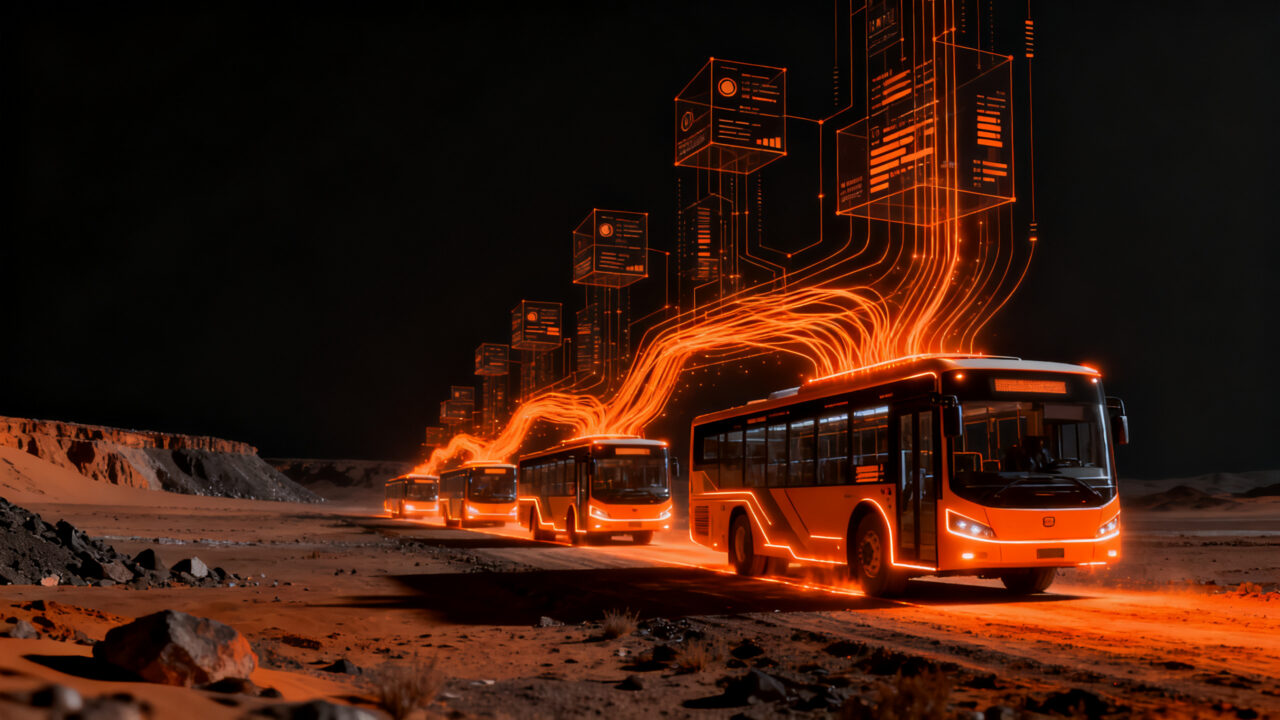 Flota de buses mineros optimizados con tecnología SaaS de AllRide, mostrando eficiencia en transporte y crecimiento B2B en la minería chilena.