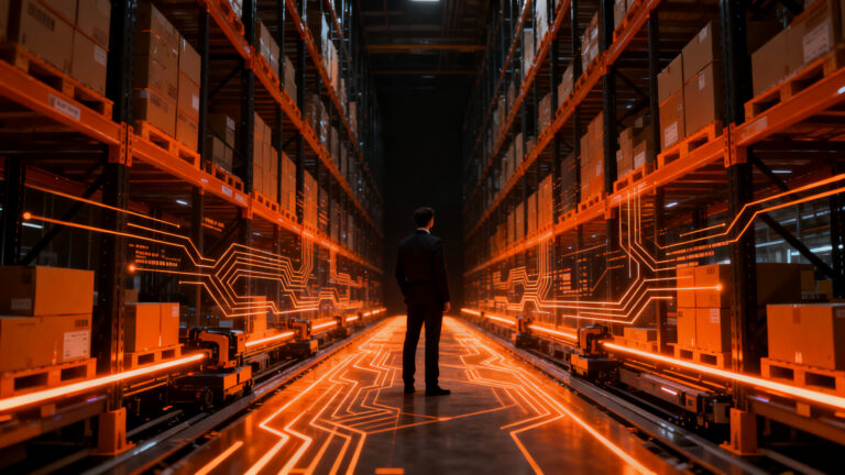 Automatización de almacenes logísticos en México, representando el crecimiento del e-commerce y supply chain tech para 2026.