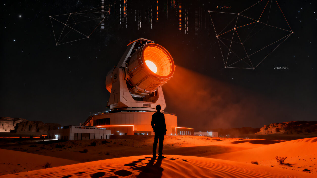 Silueta de un observador contemplando el observatorio astronómico AlUla Manara en Arabia Saudí, representando el astroturismo de lujo y la tecnología deep tech.