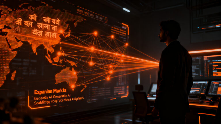 Profesional analizando una interfaz de inteligencia artificial en hindi, representando la localización de IA en mercados emergentes.
