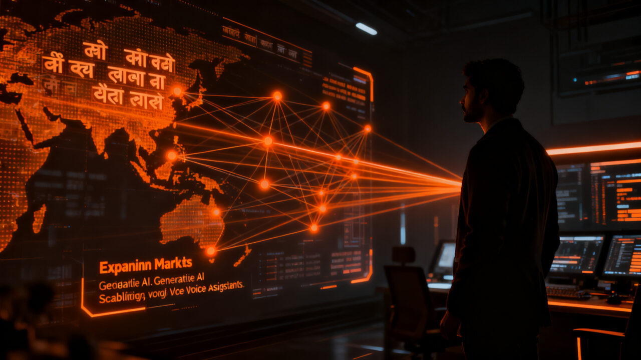 Profesional analizando una interfaz de inteligencia artificial en hindi, representando la localización de IA en mercados emergentes.