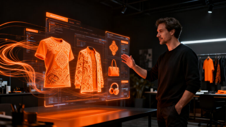 Emprendedor personalizando productos con IA generativa, representando la tendencia de e-commerce y merch inteligente de Amazon.