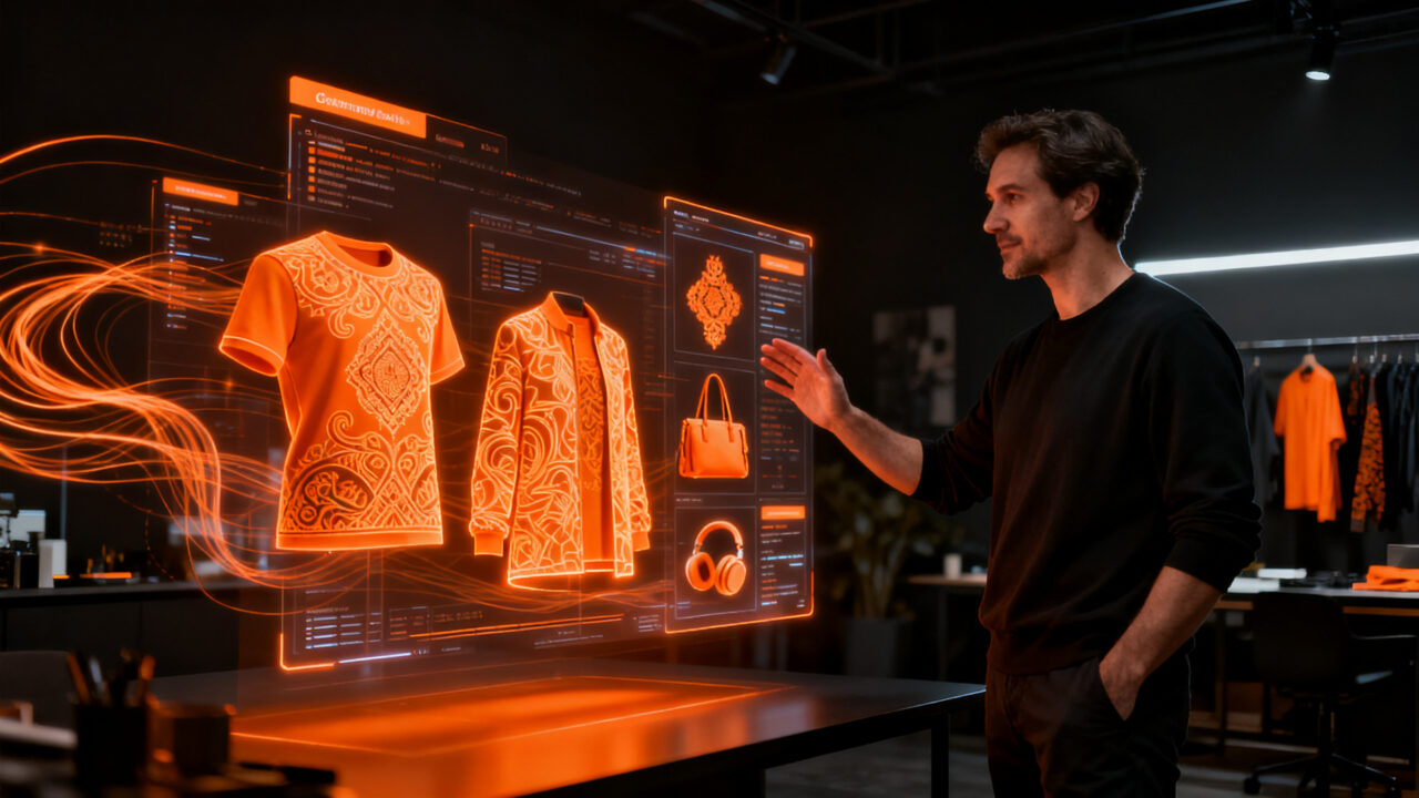 Emprendedor personalizando productos con IA generativa, representando la tendencia de e-commerce y merch inteligente de Amazon.