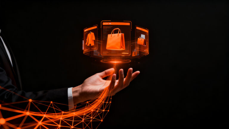 Fundador de e-commerce interactuando con imágenes generadas por IA, representando el impacto de la tecnología visual de Amazon en el retail.