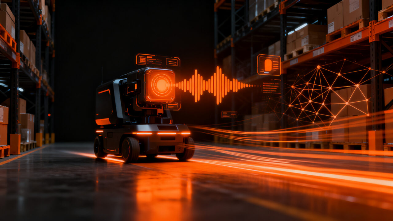 Robot Amazon Proteus con tecnología de voz y procesamiento de lenguaje natural en almacén automatizado, representando la eficiencia operativa y la robótica con IA aplicada en logística.