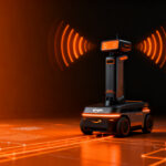 Robot Amazon Proteus de almacén comunicándose con equipo humano, representando la automatización de logística con IA y tecnología voice-to-action en retailtech.