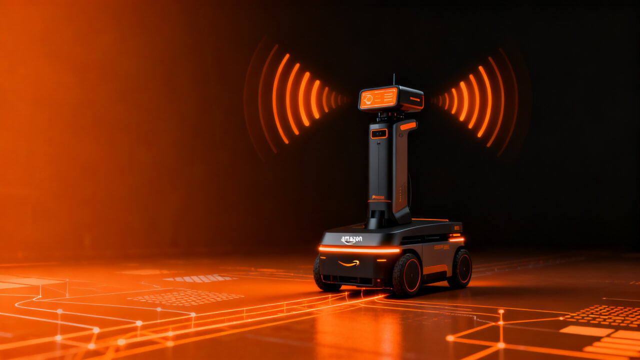 Robot Amazon Proteus de almacén comunicándose con equipo humano, representando la automatización de logística con IA y tecnología voice-to-action en retailtech.