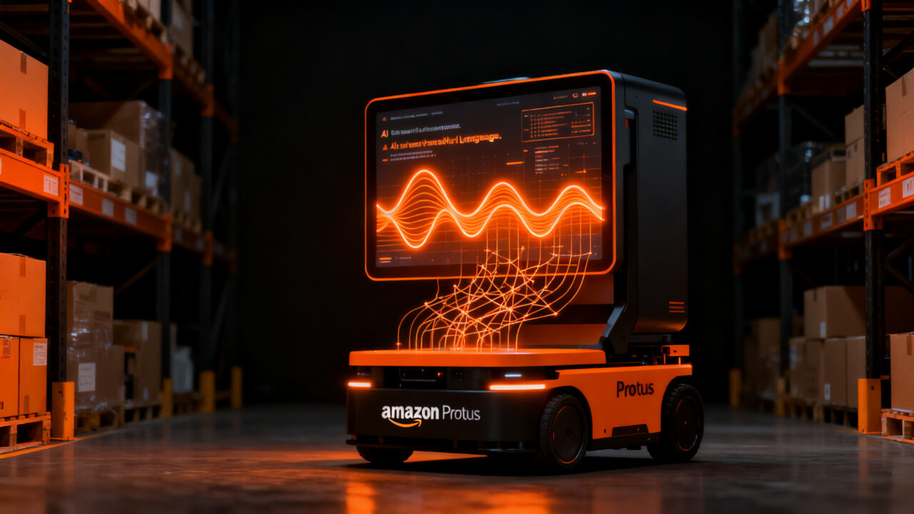 Robot de almacén Amazon Proteus con inteligencia artificial y comunicación en lenguaje natural, representando la automatización logística y el futuro del retailtech.