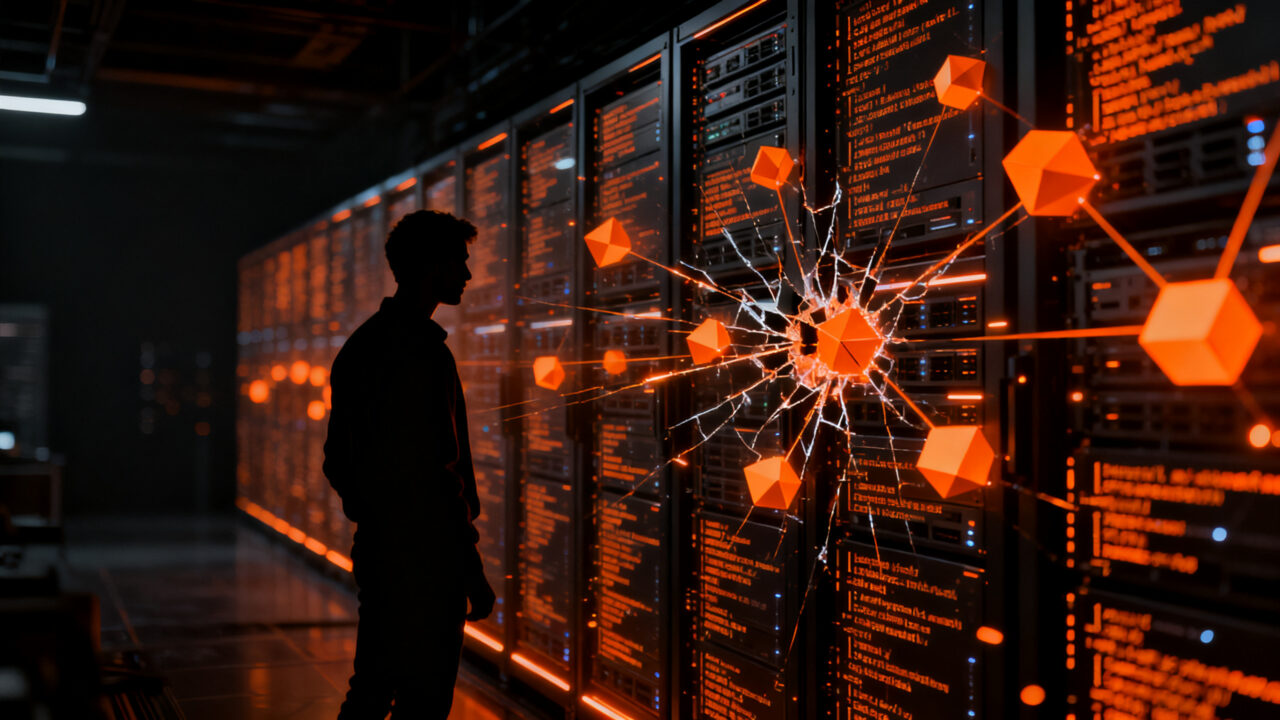Investigador de ciberseguridad analizando vulnerabilidad crítica en código para ecosistema startup.