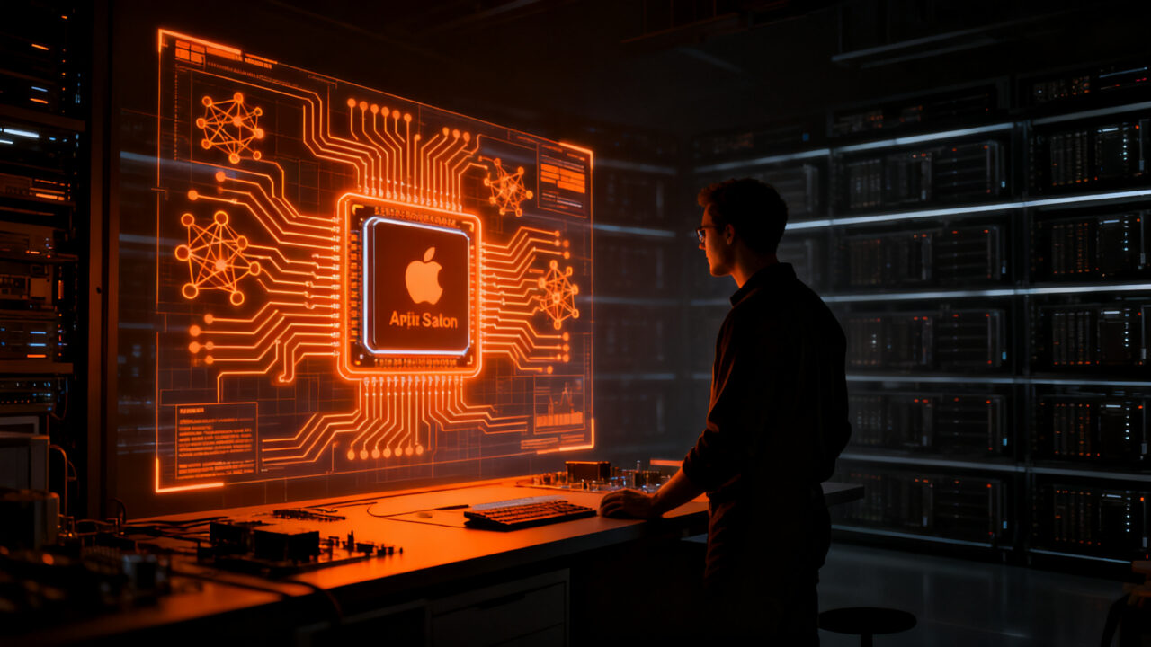 Ingeniero analizando arquitectura de chip Apple M7 en un entorno de desarrollo tecnológico futurista para startups de IA.