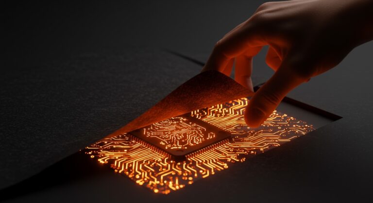 Representación visual de la interpretabilidad mecánica de LLMs de Anthropic, mostrando la transparencia de la IA en tonos naranja y negro.