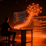 Programador humano colaborando con una interfaz de IA generativa para el desarrollo de código en startups tecnológicas.