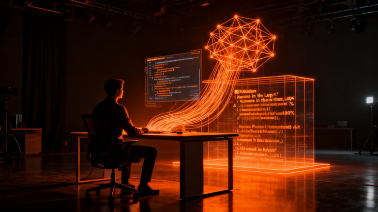 Programador humano colaborando con una interfaz de IA generativa para el desarrollo de código en startups tecnológicas.