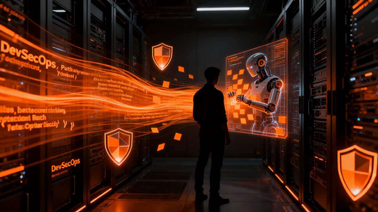 Agente autónomo de IA analizando vulnerabilidades de seguridad en un entorno de desarrollo DevSecOps futurista.