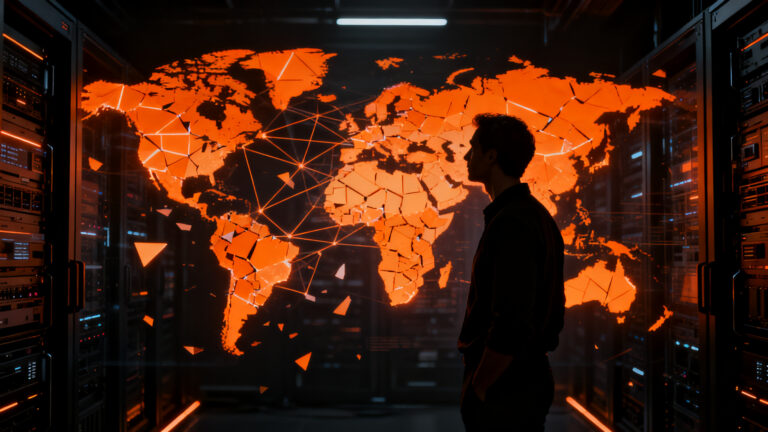 Impacto de las restricciones de IA en startups: fundador analizando soberanía tecnológica y riesgos geopolíticos.