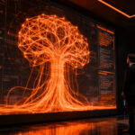 Un profesional analizando una red neuronal compleja de IA que representa el modelo Claude Fable 5 de Anthropic, simbolizando la nueva era de la inteligencia artificial Mythos para startups.