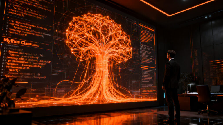 Un profesional analizando una red neuronal compleja de IA que representa el modelo Claude Fable 5 de Anthropic, simbolizando la nueva era de la inteligencia artificial Mythos para startups.