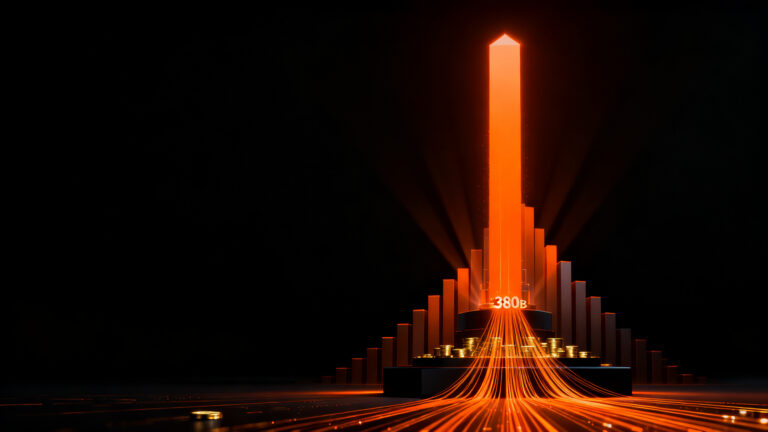 Columna de luz naranja ascendente representando el IPO de Anthropic 2026 y valoración de 380 mil millones en el mercado de IA.