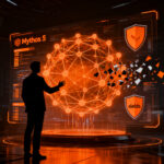 Silueta de analista de ciberseguridad interactuando con una red neuronal de IA, representando la regulación y acceso a Mythos 5 en el contexto de startups.