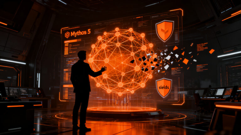 Silueta de analista de ciberseguridad interactuando con una red neuronal de IA, representando la regulación y acceso a Mythos 5 en el contexto de startups.