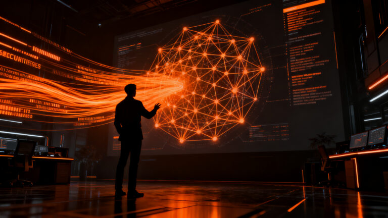 Estratega de ciberseguridad analizando redes neuronales de IA para prevenir vulnerabilidades en startups.