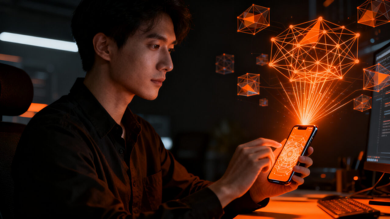 Desarrollador trabajando con inteligencia artificial local en iPhone, representando la ejecución de modelos AFM 3 de 20B parámetros sin nube.