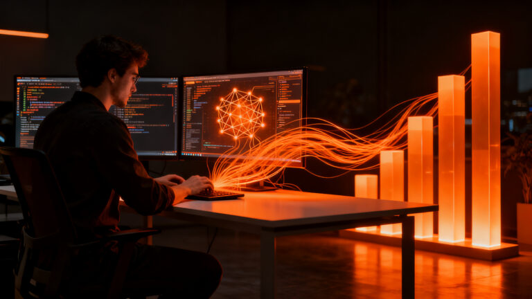 Desarrollador trabajando en una startup de IA aprovechando los nuevos beneficios de Apple Intelligence para reducir costos.