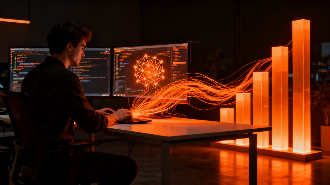 Desarrollador trabajando en una startup de IA aprovechando los nuevos beneficios de Apple Intelligence para reducir costos.