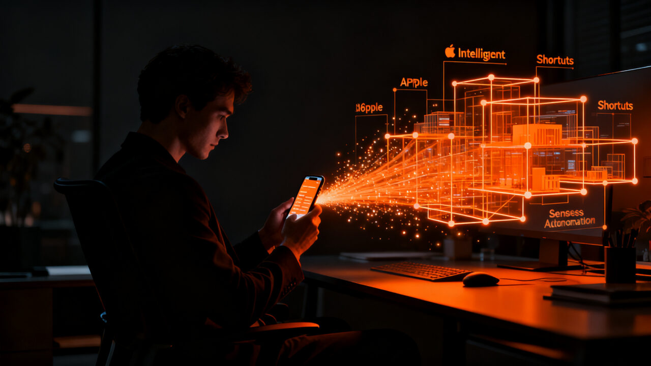 Figura humana utilizando Apple Intelligence en iPhone para automatizar tareas de startup y mejorar la productividad.