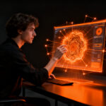 Un diseñador utilizando Apple Image Playground para crear contenido visual innovador en una startup tecnológica.