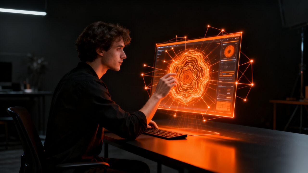 Un diseñador utilizando Apple Image Playground para crear contenido visual innovador en una startup tecnológica.