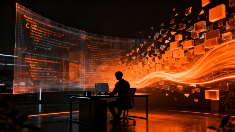 Ingeniero de software optimizando código en un entorno digital, representando la migración de sistemas críticos de C a Swift para mayor rendimiento.