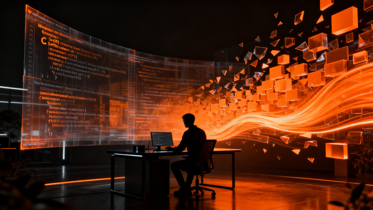 Ingeniero de software optimizando código en un entorno digital, representando la migración de sistemas críticos de C a Swift para mayor rendimiento.