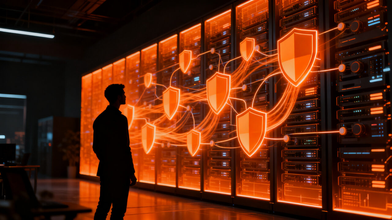 Estratega de ciberseguridad protegiendo una infraestructura digital compleja, representando la implementación de parches y seguridad en startups.