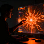 Desarrollador iOS analizando la nueva interfaz de la app de Siri en un entorno futurista de Apple Intelligence.