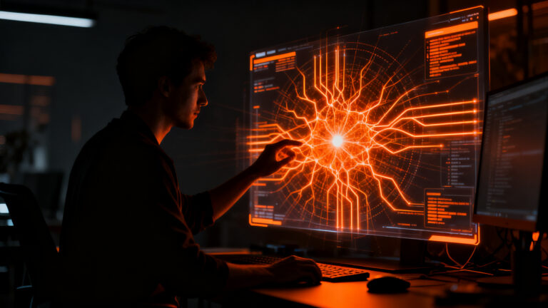 Desarrollador iOS analizando la nueva interfaz de la app de Siri en un entorno futurista de Apple Intelligence.