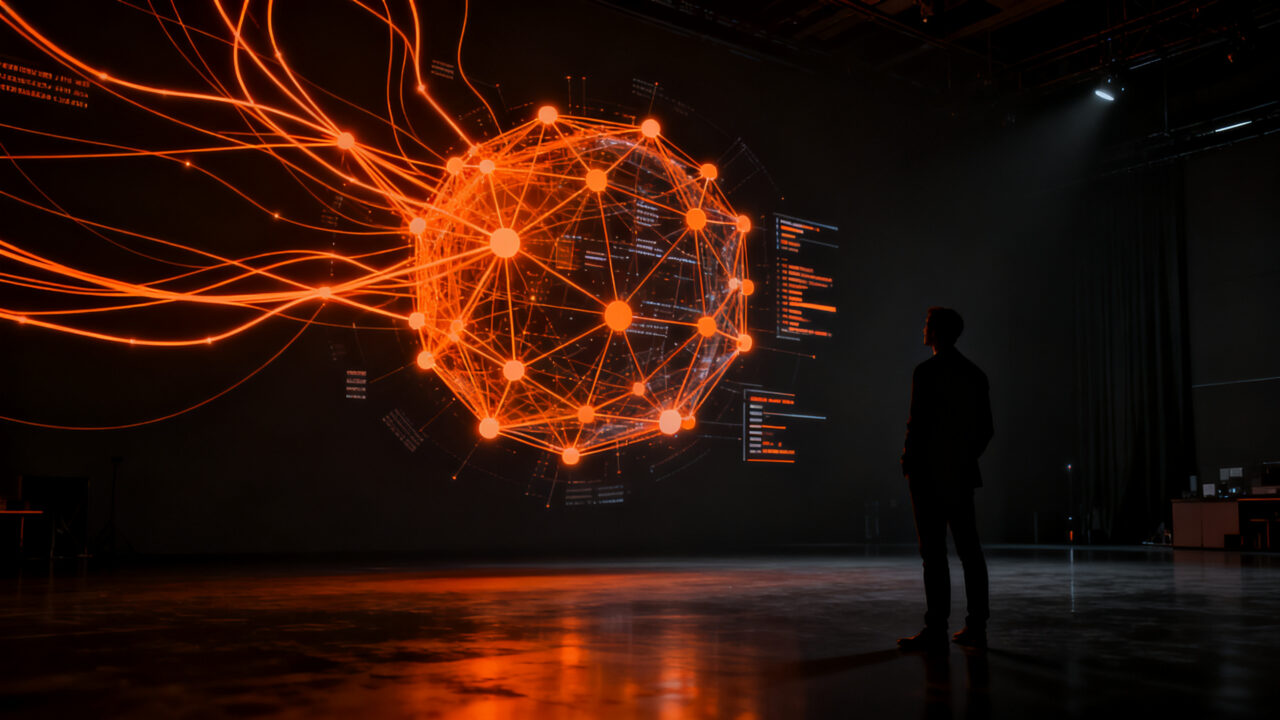 Fundador observando una red de inteligencia artificial generativa de Apple, simbolizando la integración de Siri AI en el ecosistema startup.